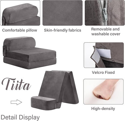 Tiita Folding Sofa Bed for Kids, Toddler Fold Out Couch Bed with Removable Cover, Kids Futon Sleeper Chair Folding Bed Mattress for Kids Room, Living Room, Guest Room,Gray