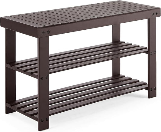 Sweetcrispy Shoe Rack Bench, 3-Tier Bamboo Entryway Storage Organizer, 286lb Capacity, Shoes Stand for FrontDoor Entrance, Bedroom, Living Room, Bathroom, Balcony, 11.3 x 27.6 x 17.8 Inches, Brown