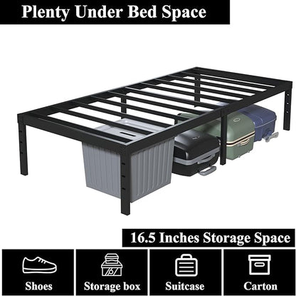 18 Inch Twin Bed Frames No Box Spring Need, Metal Platform Bed Frame Twin Size with High Storage, Eassy Assembly 2,500 Lbs Heavy Duty Bedframes, Black