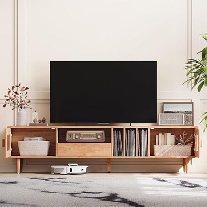 LINSY 70" TV Stand for TVs up to 80 Inch, Mid Century Modern Entertainment Center with Storage Drawer and Open Shelves, TV Console with Glass Door Cabinets for Living Room, Bedroom, Rustic Brown
