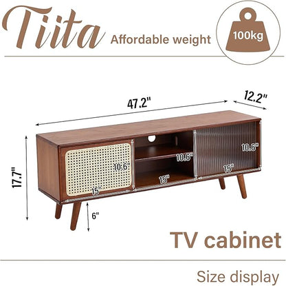 Tiita Rattan TV Stand for 55 Inch TV, Bamboo TV Cabinet with Adjustable Shelf and Storage, Boho Entertainment Center, Mid Century Modern Media Console for Bedroom, Living Room, Study, Walnut