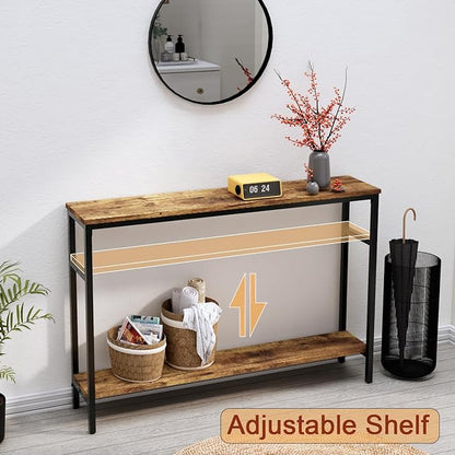 Narrow Console Table, 47 Inch Sofa Table with Adjustable Shelf, 2-Tier Long Skinny Table for Hallway, Entryway, Living Room, Foyer, Rustic Brown