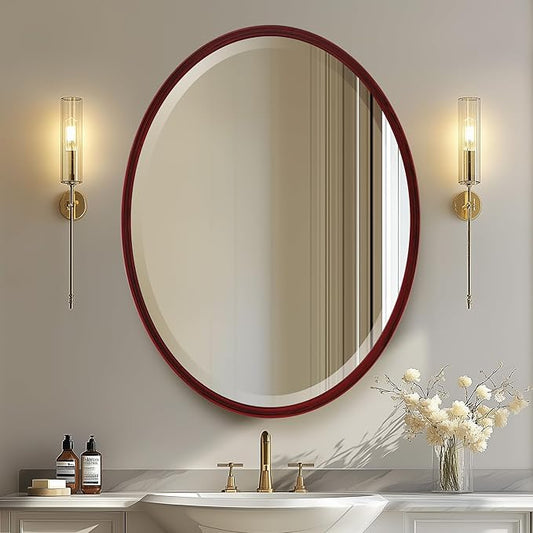 OVALCREST - Oval Wooden Beveled Wall Mirror for Home Decor, Bathroom, Vanity, Bedroom, Living Room, Hallway - London Style (Black Cherry) 21.1 x 31.1