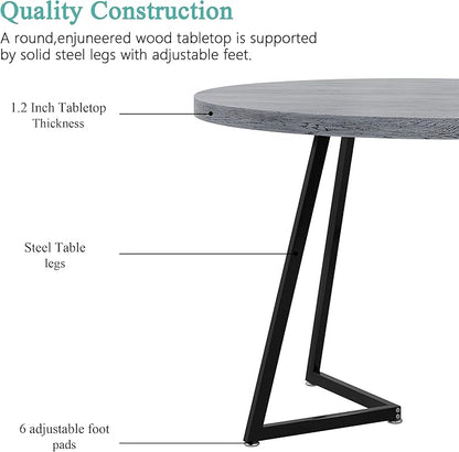 VECELO 35" Round Dining Table for 4, Wood-Grain Tabletop & Heavy-Duty Steel Frame, for Kitchen, Living Room, Easy Assembly, Light Grey