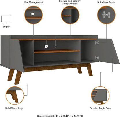 Manhattan Comfort Marcus Mid Century Modern 55 Inch TV Stand with Solid Wood Legs, Cable Management, 4 Shelves and Soft Close Doors, Entertainment Center and Media Console for Living Room, Grey