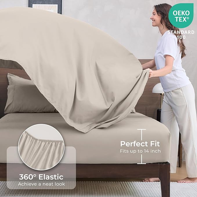 HEVUMYI Beige Tan Cali-King Comforter Set - 7-Piece All Season Bed in a Bag Cali-King, Ultra Soft Bedding Set with Comforter, Flat Sheet, Fitted Sheet, Pillowcases, Pillow Shams, Beige Tan