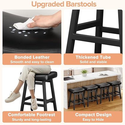 Counter Height Bar Stools Set of 3, 24 Inch Barstools for Kitchen Counter, Kitchen Stools with Bonded Leather Saddle Seats & Heavy Duty Metal Legs, Easy Assembly, All Black