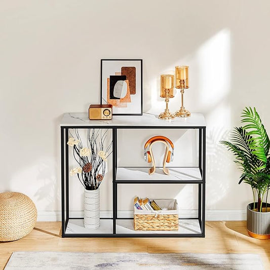 WOHOMO Console Table, 12 Inch Narrow Entryway Table for Living Room, 31.5 Inch Modern Industrial Sofa Table with 3-Tier Storage Shelves for Corridor, Hallway, White Marble