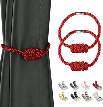BEL AVENIR Magnetic Curtain Tiebacks, Decorative Drapery Holdbacks Modern Woven Tie-Backs with Exquisite Knot (Red, 2 Pack)