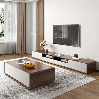 POVISON Modern Wood White TV Stand 78", Fully-Assembled Open Storage Cabinet, Lowline Media Console with 4 Drawers, Walnut Veneer (TV Stand Only)