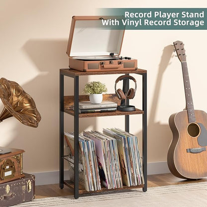 LELELINKY Record Player Stand, 3-Tier End Side Table with Vinyl Record Storage, Vinyl Record Holder Up to 120 Albums, Turntable Stand with Vinyls Storage for Music Living Room