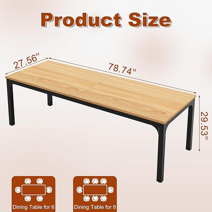 Rectangular Dining Table for 6-8, 78-Inch Modern Dinner Table Wooden Kitchen Tables with Metal Frame for Dining Room, Kitchen, Living Room, Light Walnut
