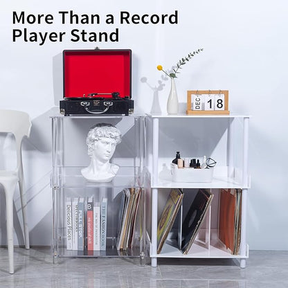 Antilope 18x14 Acrylic Record Player Stand with Vinyl Storage, 3 Tiers Large Turntable Stand Holder Up to 200 Albums, Record Player Table Cabinet Organizer for Living Room Bedroom Corner (Clear)