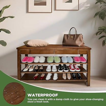 Wood Shoe Bench Entryway with Drawer: 3-Tiers Wooden Storage Shoe Rack with Bench Seat, Compact Mid-Century Modern Design for Entryway, Hallway,Closet,Front Door Entrance,Foyer Walnut 43.3"