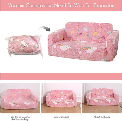 Foldable Kids Sofa Extra Wide for 2 Seats, Soft Kids Fold Out Couch Glow in The Dark,Convertible Sofa to Lounger Toddler Sofa Chair(Rainbow)
