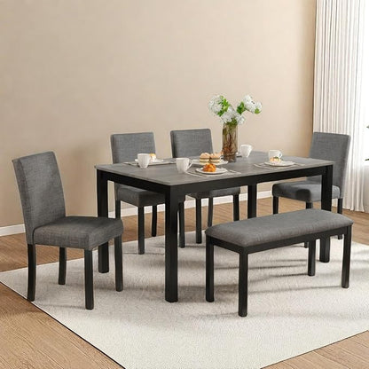 Dining Table Set for 5, 6-Piece Kitchen Table & Chairs Set with Rectangular Table, Bench & 4 Upholstered Chairs, 39'' Dinner Set with Wood Legs & Curved Backrest for Kitchen, Light Black