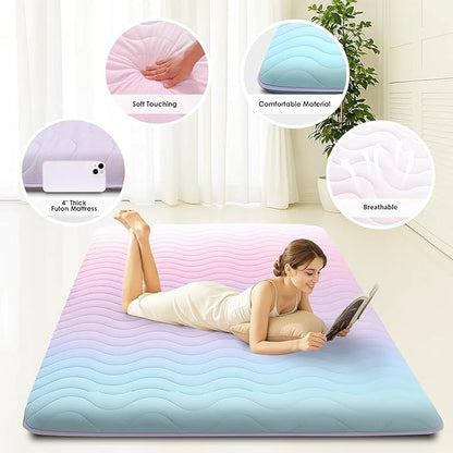 Japanese Floor Futon Mattress, 3.5" Thicken Colorful Rainbow Portable Floor Mattress, High-Density Foam Tatami Mat Sleeping Pad for Camping Guest Room Dormitory RV, Twin