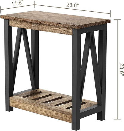 ChooChoo Farmhouse End Table Set of 2, Rustic Vintage Narrow End Side Table with Storage Shelf for Small Spaces for Living Room, Bedroom Rustic Oak & Black
