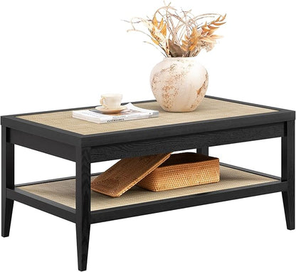 SICOTAS Rectangle Coffee Table for Living Room, Farmhouse Boho Center Table with 2-Tier Rattan Storage Shelves, Sofa Side Accent Table for Small Space, Black Oak