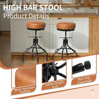 Industrial Bar Stools Set of 2 Adjustable Swivel Round Barstools Modern PU Leather 28inch Backless Counter Height Stool Metal Bar Chair for Kitchen Island (2, Brown)