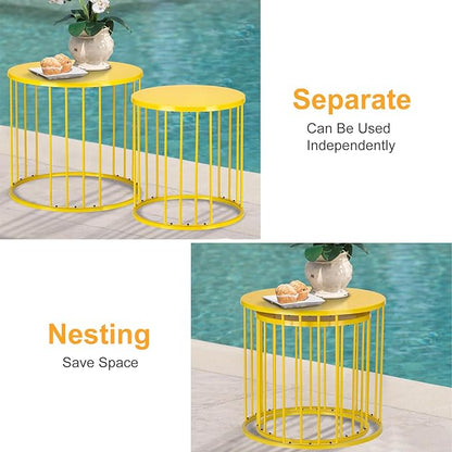 LEWIS&WAYNE Outdoor Side Table Set of 2, Metal Circle Accent End Tables for Balcony Backyard Garden Indoor Living Room, Durable Nesting Coffee Tables, 20”+16” Dia, Yellow