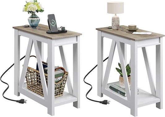 WLIVE End Tables Living Room Set of 2 with Charging Station, Sofa Side Tables with Open Storage Shelf, Slim Farmhouse End Table Sets, Greige