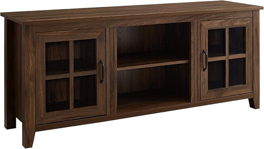 Walker Edison Dakota Modern Farmhouse 2 Glass Door Stand for TVs up to 65 Inches, 58 Inch, Dark Walnut