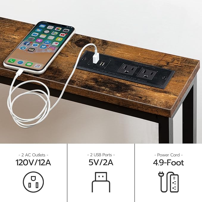 HOOBRO 2 Pack 5.9" Narrow Console Sofa Table with Power Outlets, 47.2" Long Behind Couch Table with Charging Station, Skinny Sofa Table for Living Room, Foyer, Rustic Brown BF15XGP201G1
