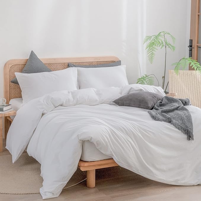 BESTOUCH Duvet Cover Set 100% Washed Cotton Linen Feel Super Soft Comfortable Chic Lightweight 3 PCs Home Bedding Set Solid Bright White Oversized King