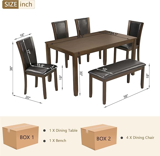 Ball & Cast 6 Piece Dining Table Set with 4 Upholstered Chairs & 1 Bench,Farmhouse Wooden Living Room Furniture for 6 W/ 58.5" Rectangle Kitchen Desk,for Restaurant,Home Bistro,Dining Room,Dark Walnut