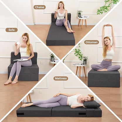 Folding Sofa Bed, Foldable Sleeper Chair with Pillow, Convertible Futon Sofa Bed with Washable Cover, Fold Out Couch for Living Room, Dorm, Guest Room, Single Size, Dark Grey