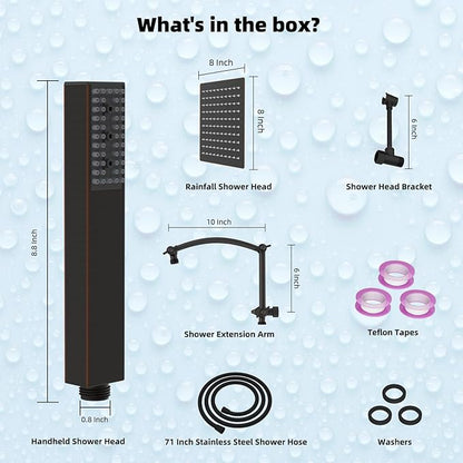 Hibbent All Metal 8'' Rainfall Shower Head, Shower Head Combo, High Pressure Handheld Shower Wand, 4 Sprays, 16'' Adjustable Arc-shaped Extension Arm, 71'' Hose, Showerhead Holder, Oil Rubbed Bronze