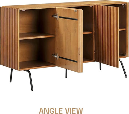 NTC Veil Modern Sideboard with 3 Doors, Buffet Cabinet with Vertical Groove Design and Metal Legs, Storage Cabinet for Living Room, and Hallway, Effortless Assembly, Teak Look