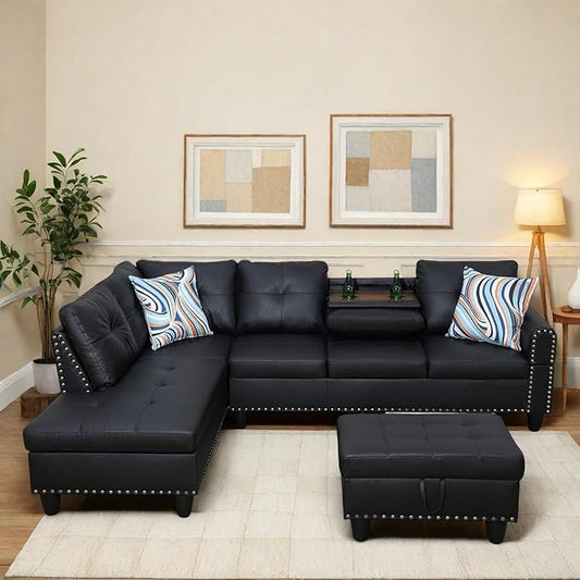 97" L Shaped Sectional Couch with Cup Holder, Modern 4 Seat Modular Sectional Sofa with Storage Ottoman, Living Room Sets for Small Spaces, Apartment, Faux Leather, Black