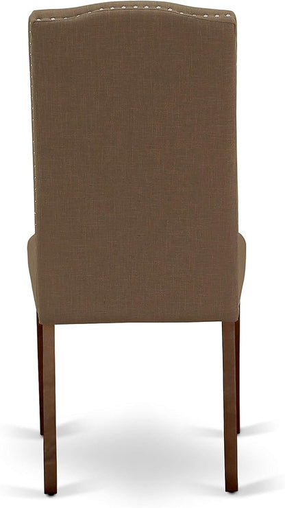 East West Furniture ESEN3-MAH-18 3 Piece Dinette Set for Small Spaces Contains a Round Dining Table with Pedestal and 2 Dark Coffee Linen Fabric Upholstered Chairs, 30x30 Inch, Mahogany