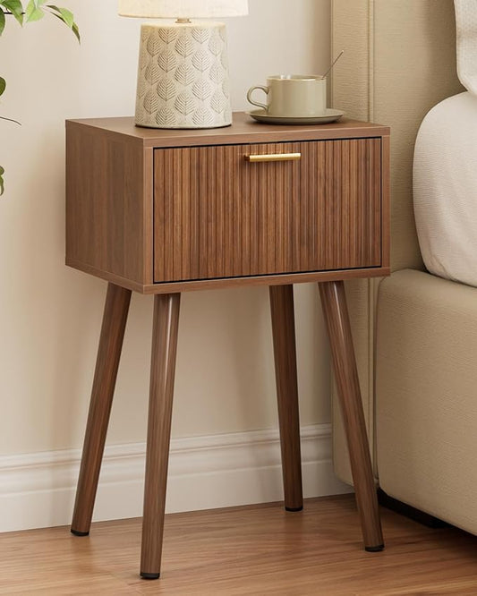 Night Stand, Walnut Nightstand with Fluted Door, Small Modern Mid-Century Bedside Table for Bedroom, End Table for Living Room