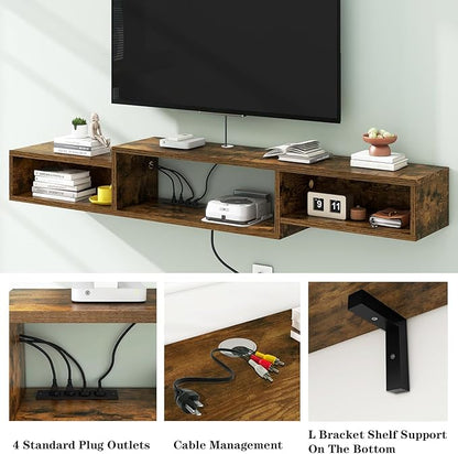IBUYKE 71" Floating TV Stand Wall Mounted with Power Outlet,Wood Wall Mounted Media Console Shelf,Floating Entertainment Center for Under TV Storage for Living Room Bedroom Office,Rustic Brown WST008H
