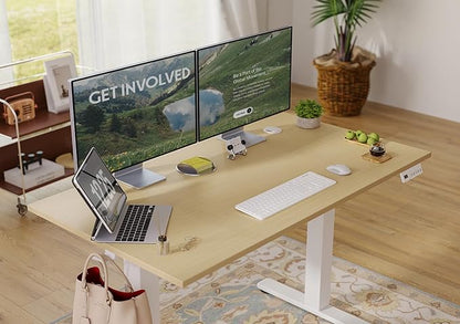 Seang Electric Standing Desk Adjustable Height, 48 x 24 Inch Sit Stand Desk with T-Shaped Frame, 3 Memory Presets & Cable Management for Home Office Computer Workstation, White Frame/Nature Top