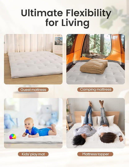 Syrinx Japanese Floor Futon Mattress, Foldable Tatami Sleeping Pad for Adults & Kids, Roll-Up Floor Bed or Bench Cushion