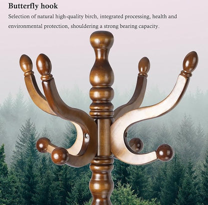 Coat Rack Stand, Solid Wooden Coat Tree with 11 Hooks, Heavy Duty Coat Rack Freestanding with Sturdy Round Base, Natural Birch Wood Coat Hanger Stand for Entryway Bedroom (brown Triangle)
