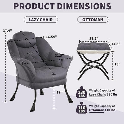 IDEALHOUSE Lazy Chair with Ottoman - Modern Living Room Chairs for Small Spaces, Ergonomic Reading Chair with Armrests, Comfy Chair with Ottoman for Bedroom & Living Room, Grey