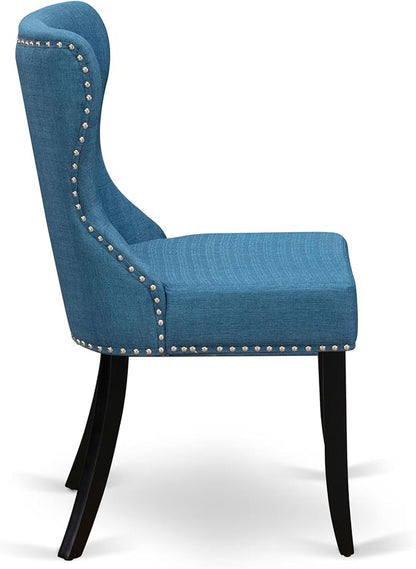 NKSI9-SBB-21-9-Piece Kitchen Table Set Consists of a Dinner Table and 8 Blue Linen Fabric Upholstered Chairs with Button Tufted Back - Sand Blasting Black Finish