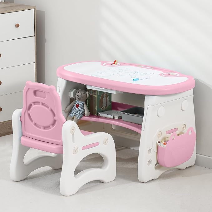 Kids Table and Chair Set The Table Can Be Graffiti and The Height Can Be Raised and Lowered for Children Age 2-10 The Order Includes Watercolor Pen and Blackboard Eraser