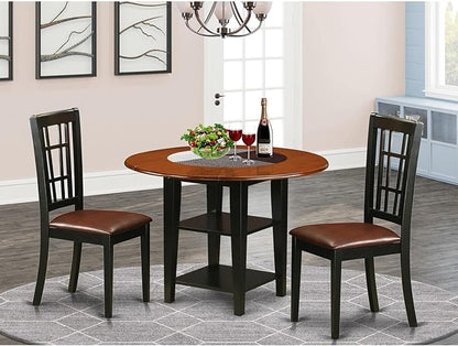 East West Furniture SUNI3-BCH-LC 3 Piece Kitchen Table Set Contains a Round Dining Table with Dropleaf & Shelves and 2 Faux Leather Dining Room Chairs, 42x42 Inch, Black & Cherry