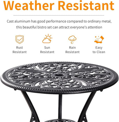 Outdoor Bistro Set 3 Piece Patio Bistro Set, Cast Aluminum Bistro Table and Chairs Set of 2, Small Patio Table Set for Porch, Black