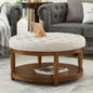 24KF Upholstered Round Coffee Table with Wooden Shelf, Tufted Button Large Round Ottoman with Spindle Wooden Legs, Linen Large Footrest Ottoman Pouf for Living Room, Ivory
