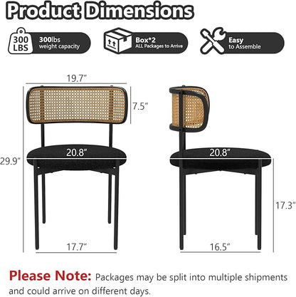 Mid Century Modern Dining Chairs Set of 2 with Rattan Backrest,Velvet Upholstered Accent Kitchen & Dining Room Chairs with Sturdy Metal Frame,Black