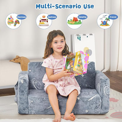 Toddler Couch,Toddler Chair, 2-in-1 Baby Seat Furniture Fold Out, Convertible Sofa to Lounger Soft Comfy Glow in The Dark Kids Sofa Bed Gifts for Kids Girl Boys,Star,Large