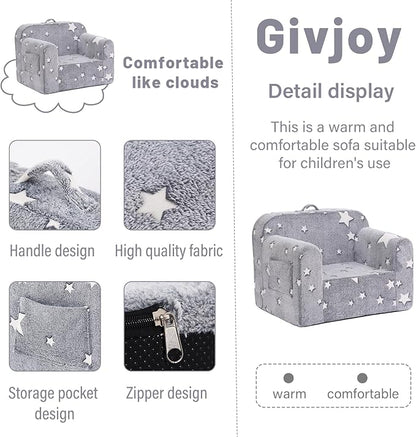 Toddler Chair Plush Kids Couch, Comfy Glow in The Dark Armchair with Removable and Washable Cover Carrying Handle Kids Sofa, Convertible Reading Chair Toddler Couch for Girls and Boys