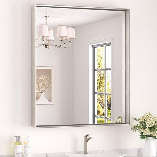 Keonjinn 30 x 36 in Brushed Nickel Bathroom Mirror for Over Sink, Rectangular Silver Metal Framed Rectangular Vanity Wall Mirror Square Corner Modern Farmhouse Rectangle Mirror(Horizontal/Vertical)